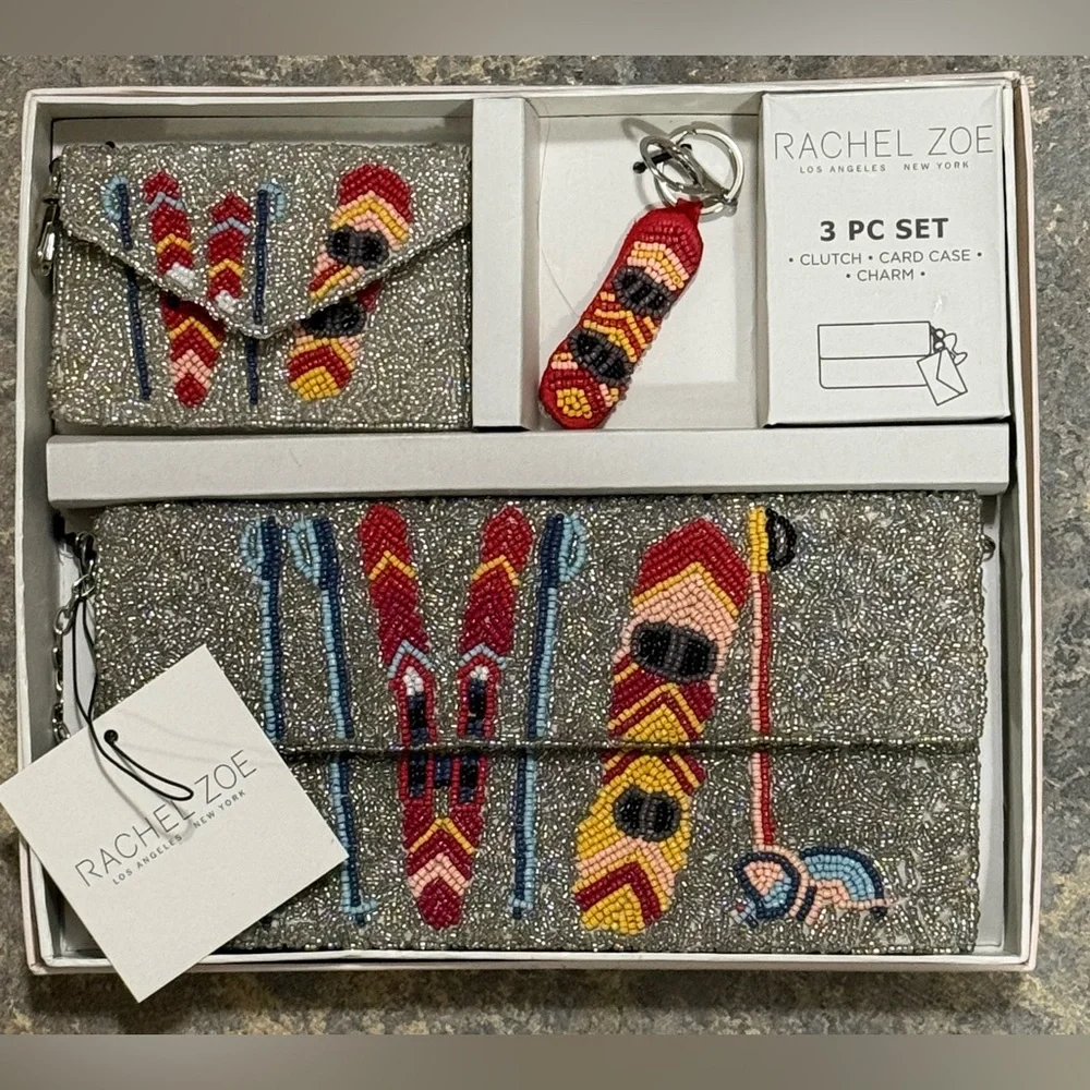 Rachel Zoe Beaded Clutch 3 Pc Set Clutch Card Case Charm “Let’s Go Skiing” NWT